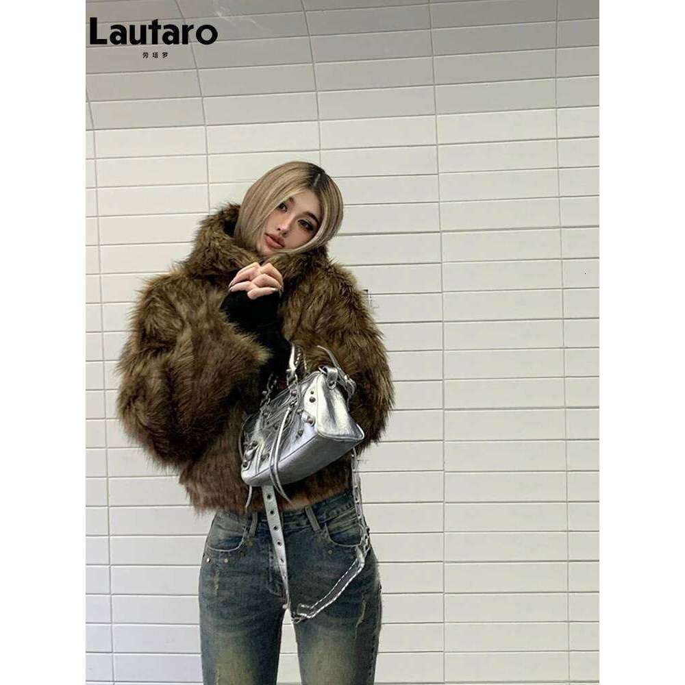 Lautaro Autumn Winter Chic Short Soft Thick Warm Hairy Shaggy Faux Fur Coat Women with Hood Zipper Fluffy Jacket 2024