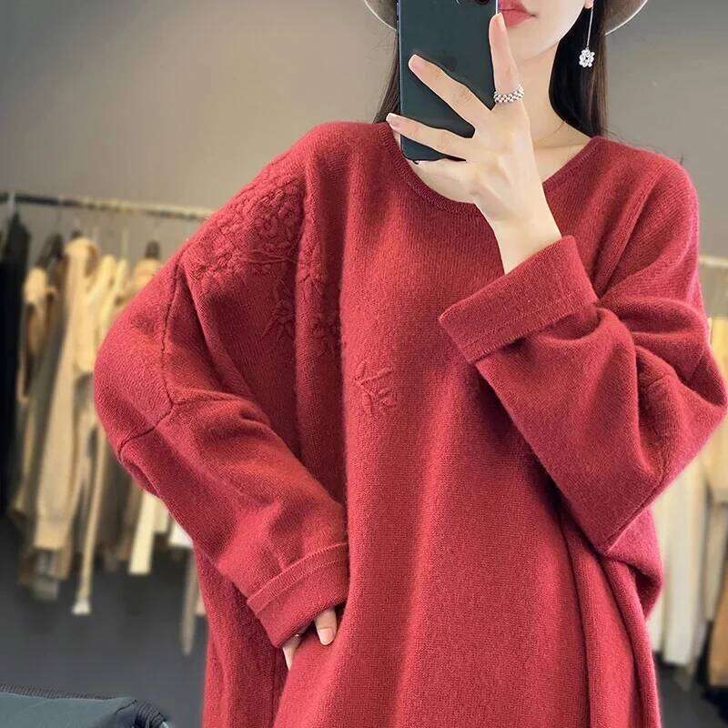 Women's Plus Size Cashmere Dress Round Neck Loose Fit Lazy Wind Embroidery Pure Wool Knitted Sweater For Autumn Winter 251022