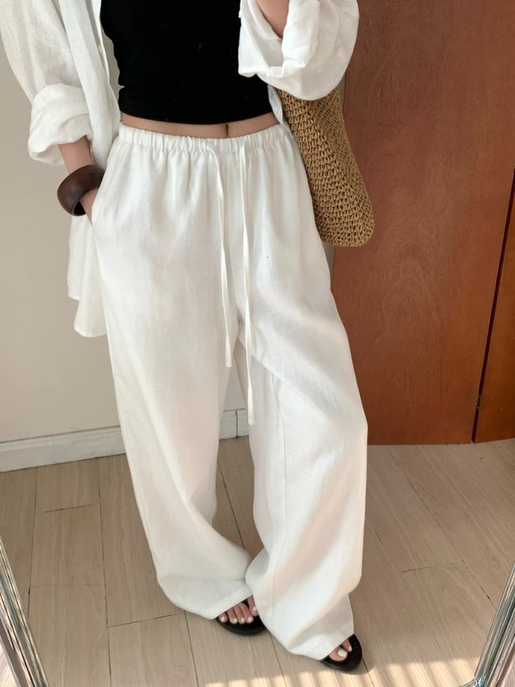 Slack Linen Wideleg Pants Summer Loose Versatile Drawstring Straight White Casual Trousers Korean Fashion 251022