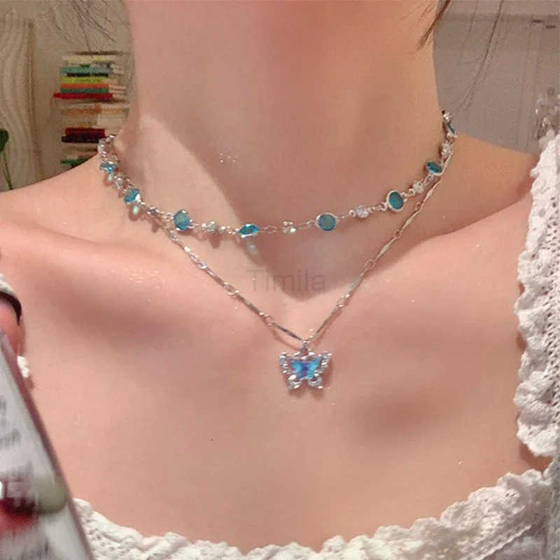 LATS Romantic Blue Crystal Butterfly Necklace for Women Girls Simple Shiny Zircon Bilayer Choker Clavicle Chain New Fine Jewelry U251022