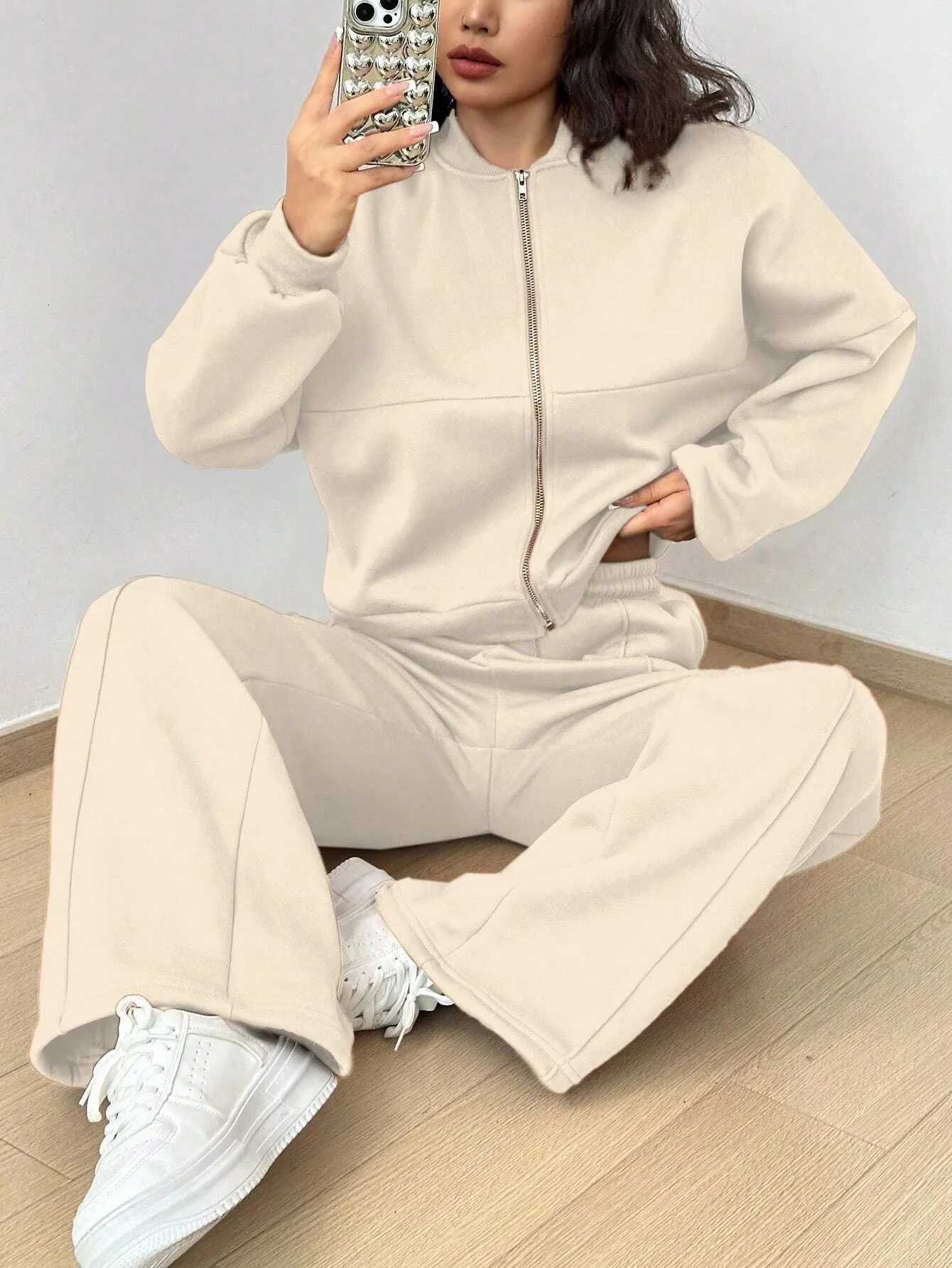 Matching Sets Women Casual Tracksuit Two Pieces Set Loose O Neck Long Sleeves Zipper Cardigan Drawstring Wide Leg Pants JoggerT251022