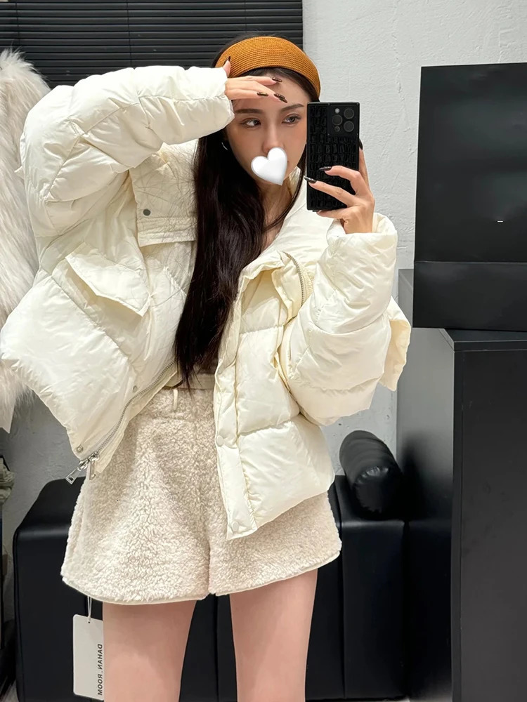 Winter Warm Short Big Lapel Collar Shawl Down Jacket Women White Duck Cotton Jackets Female Pocket Zipper Parker Outwears 251017