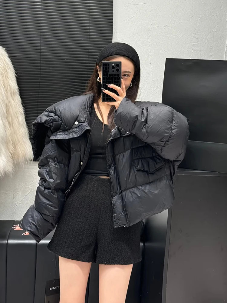 Winter Warm Short Big Lapel Collar Shawl Down Jacket Women White Duck Cotton Jackets Female Pocket Zipper Parker Outwears 251017