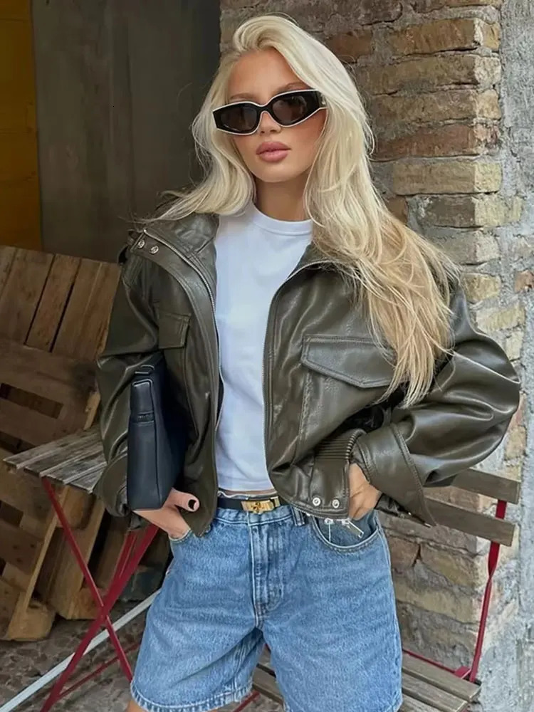 HH Women Faux Leather Cropped Jacket vintage Bomber Jackets With Pockets Long Sleeve Coats Zipper Overcoat Jacket For Woman 251020