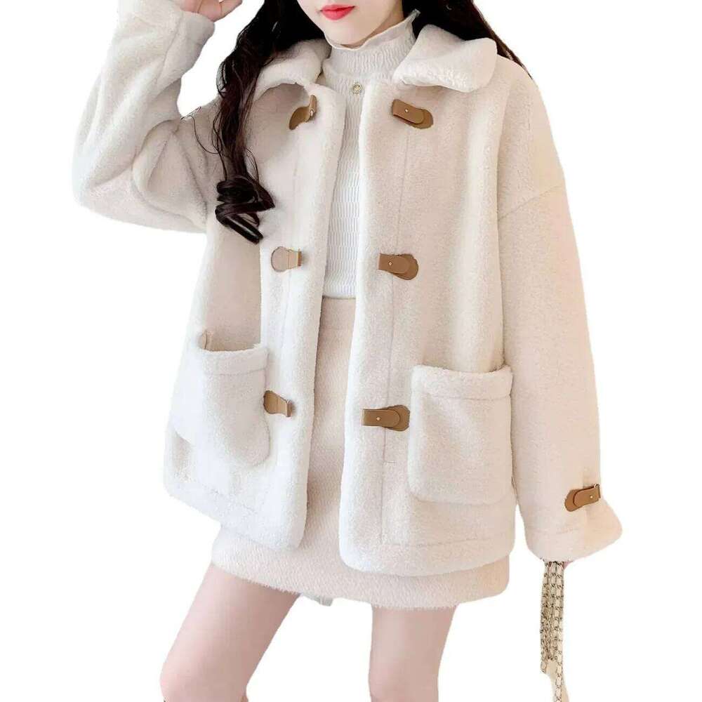 Lamb Veet Women's Small Size Autumn Winter New Korean Loose Versatile Button Long Sleeve Top Thickened Woolen Coat