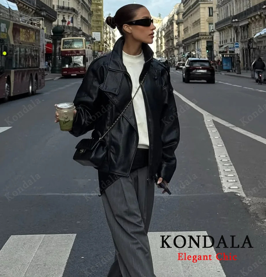 KONDALA Women Autumn Standup Collar PU Leather Jacket High Street Zipper Fashion Fall Winter Female Coat 251021