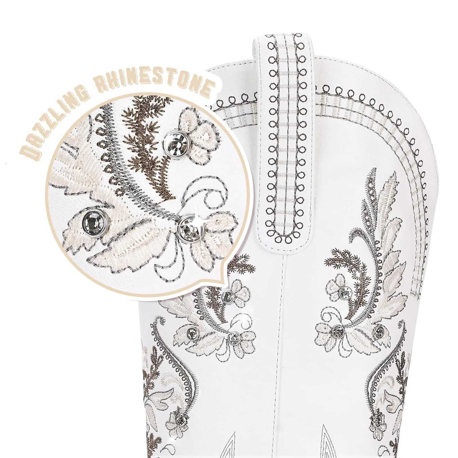 Cowboy Boots for Women Wide Calf Knee High Western Cowgirl Boots Sparkly Rhinestone Retro Country Boots in White Z251020
