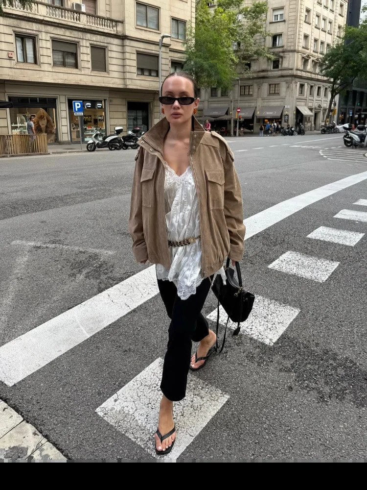 Women Casual Suede Short Jacket Fashion Stand Collar Zipper Pocket Loose Outerwear Lady Autumn Chic Daily Highstreet Jackets 251020