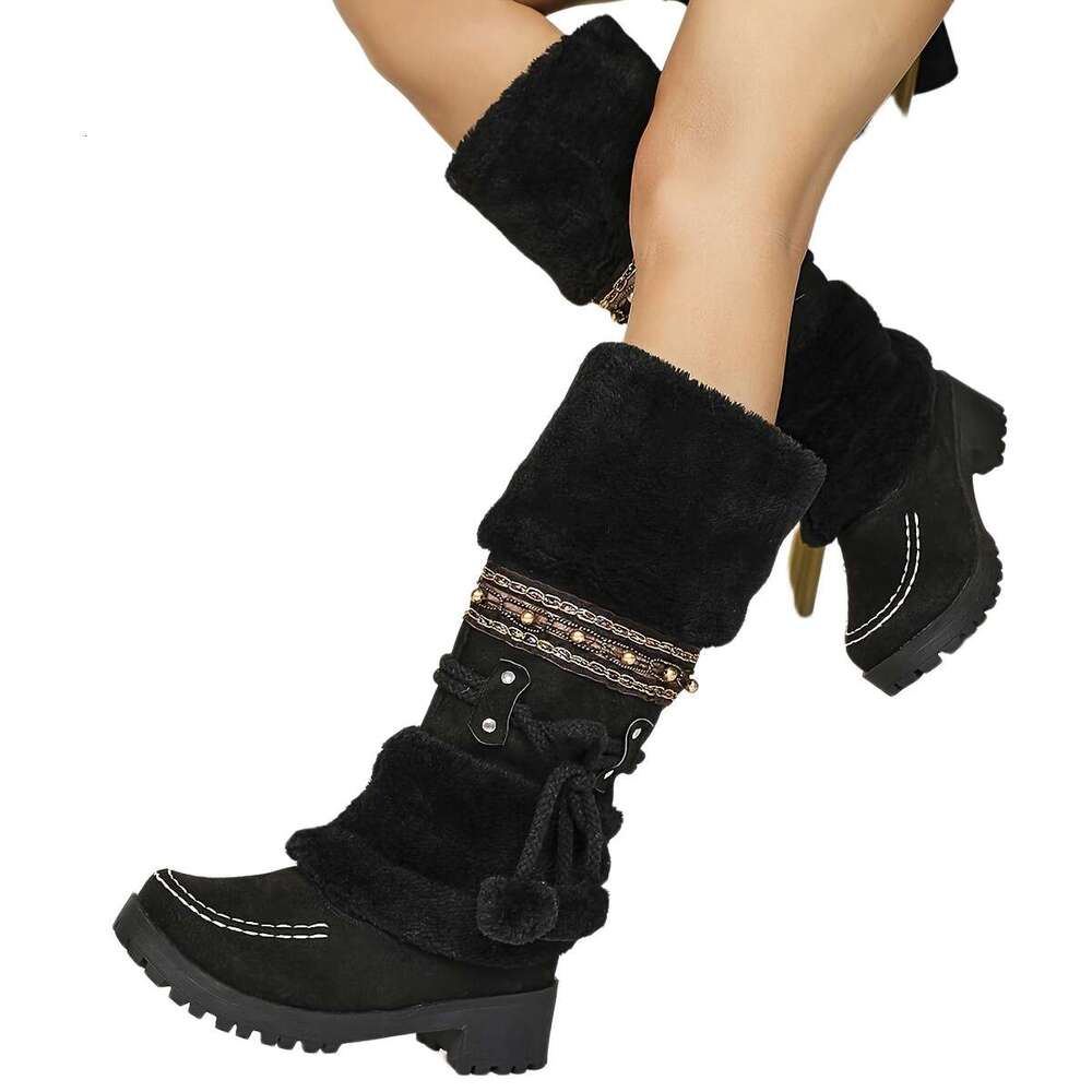 Women's Retro Bohemian With Beaded Ball Accents & Bow Detail Slip-On Thick Rubber Sole Mid-Heel Faux Fur-Lined Warm For Casual Outings, Dates, Sh