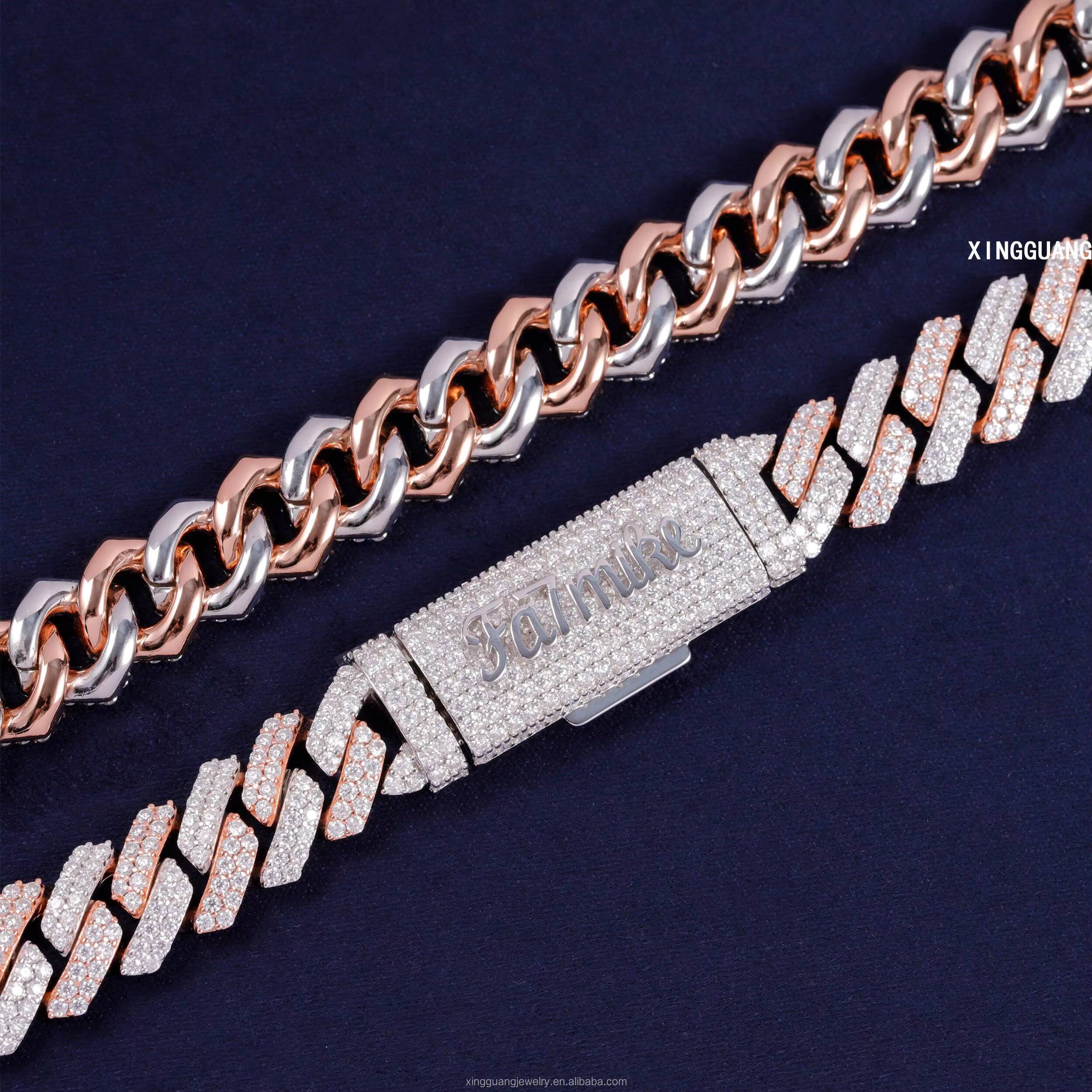 Two Tone Iced Out Moissanite Cuban Lidynamic Chain for Men 12mm Customized Trendized Trend Clasp 925 Sterling Silver Cuban Chain Hip Hop Necklace