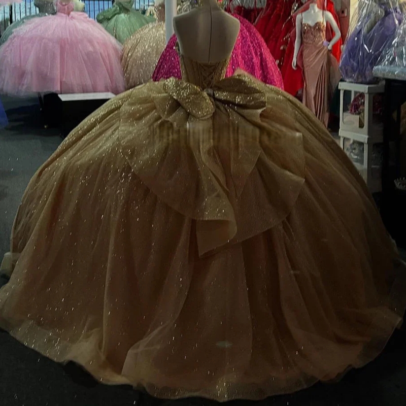 Champagne Glitter Ball Gown Quinceanera Dresses Sweet 16 Years Party Dress With Big Bow Vestidos 15 De Anos