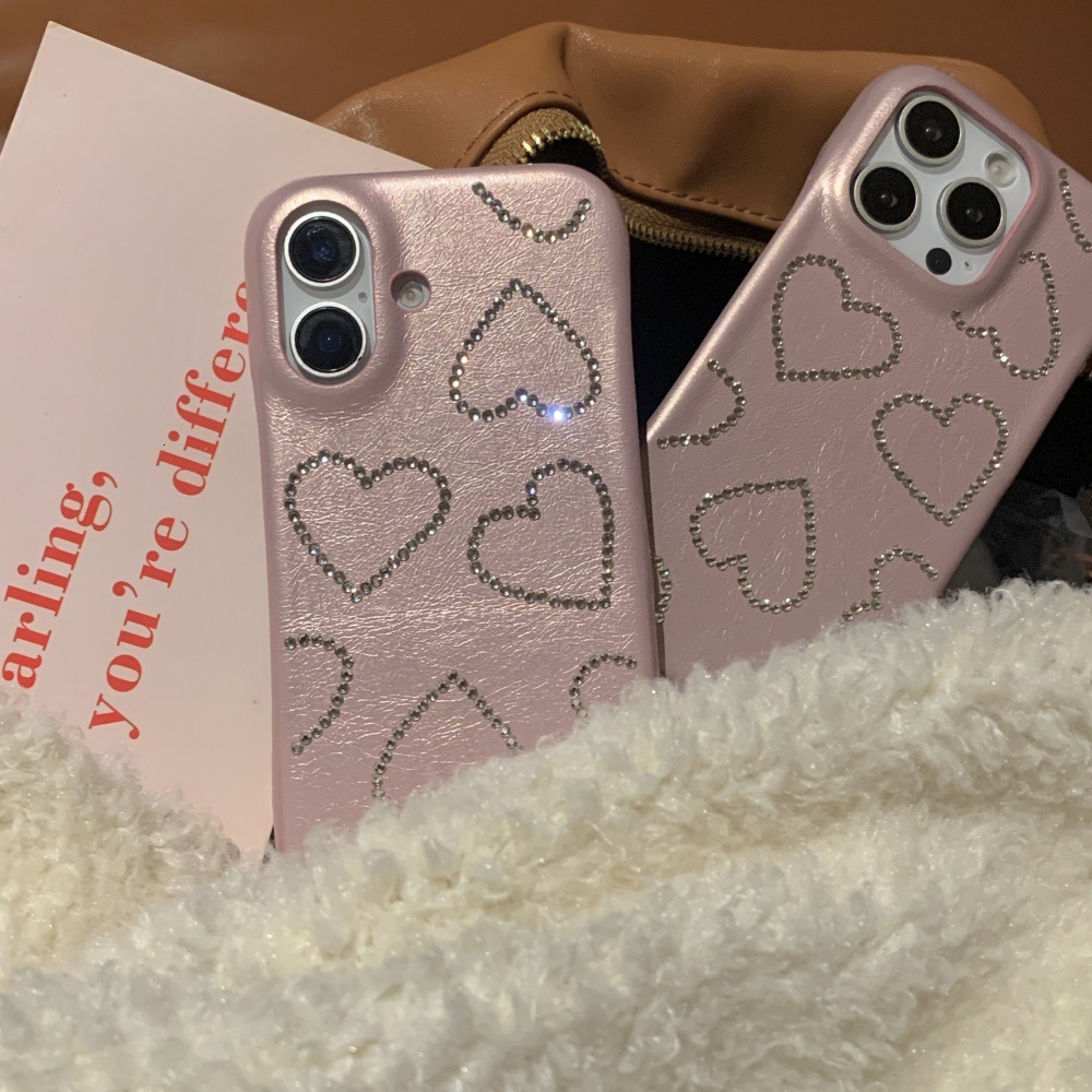 Ice Pink Heart Diamond iPhone Phone Case Compatible with iPhone 17/16 Pro Simple Solid Color 15/14P Protective Cover 13