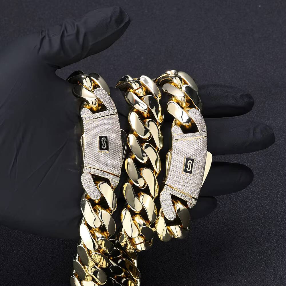 NUOYA 14K18K Gold Plated Thick Solid Cuban Link Chain Hip Hop Jewelry Iced Diamond Clasp Flat Miami Cuban Link for Men Women