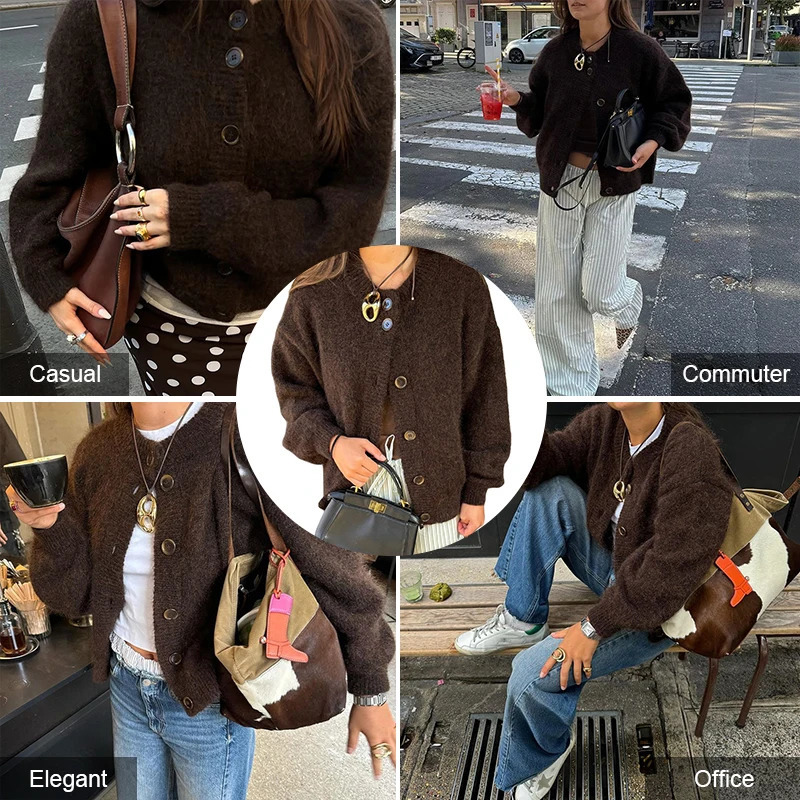 Autumn Winter Womens Cardigan Wool Sweater Retro Solid Color Round Neck Long Sleeved Loose Casual Versatile Top ropa mujer 251021