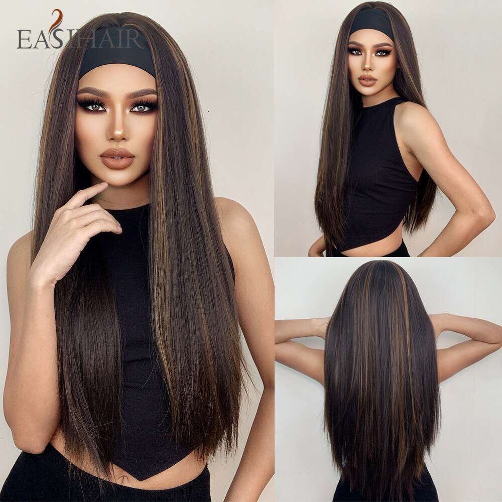 New Hairband Wig For Women, Black Small Curls, Brown Long Straight Hair, Hine-Made High-Temperature Fiber