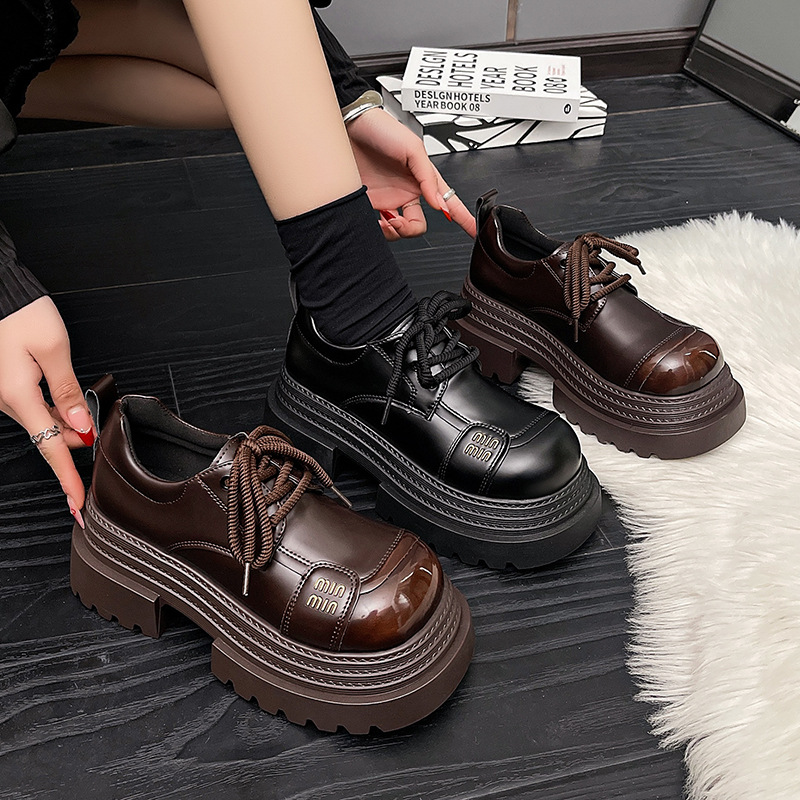 Free Shipping Simple Lovely Thick Sole Womens Leather Shoes New Arrival Fashion Versatile Chunky Heel Dress Shoes Black Brown Hot Sale