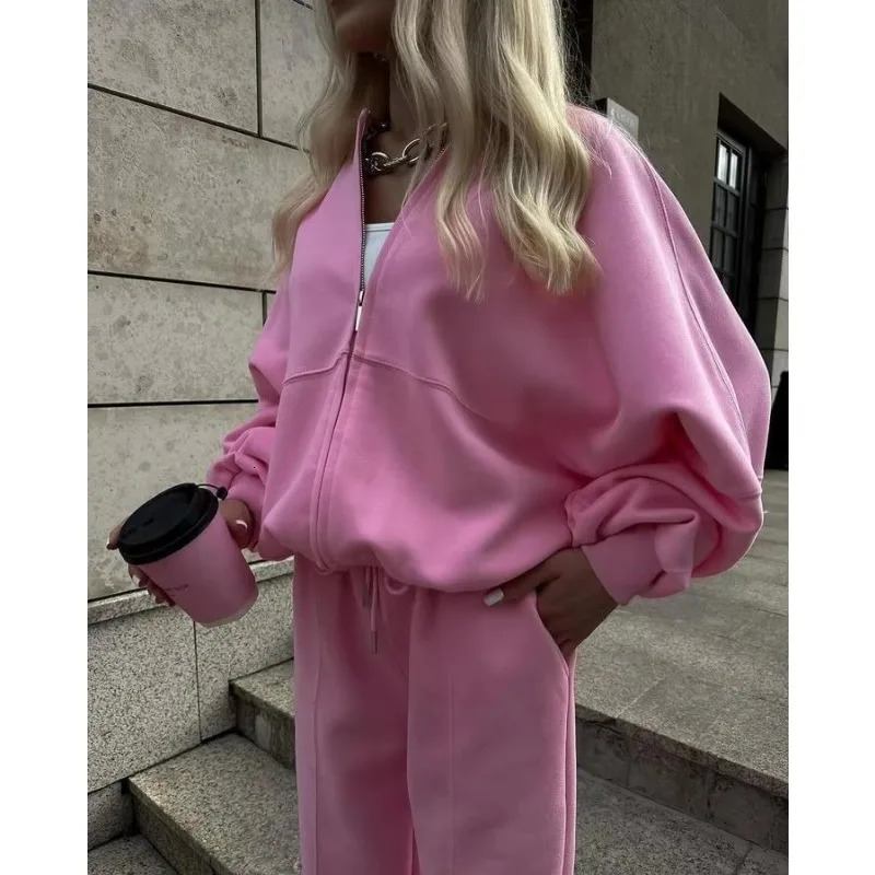 Winter Sweat Suit Set Pink Women Zipper Hoodies 2 Two Pieces Outfit Pants Casual Loose Winter Warm Tracksuits Sport Hooded Women 251010
