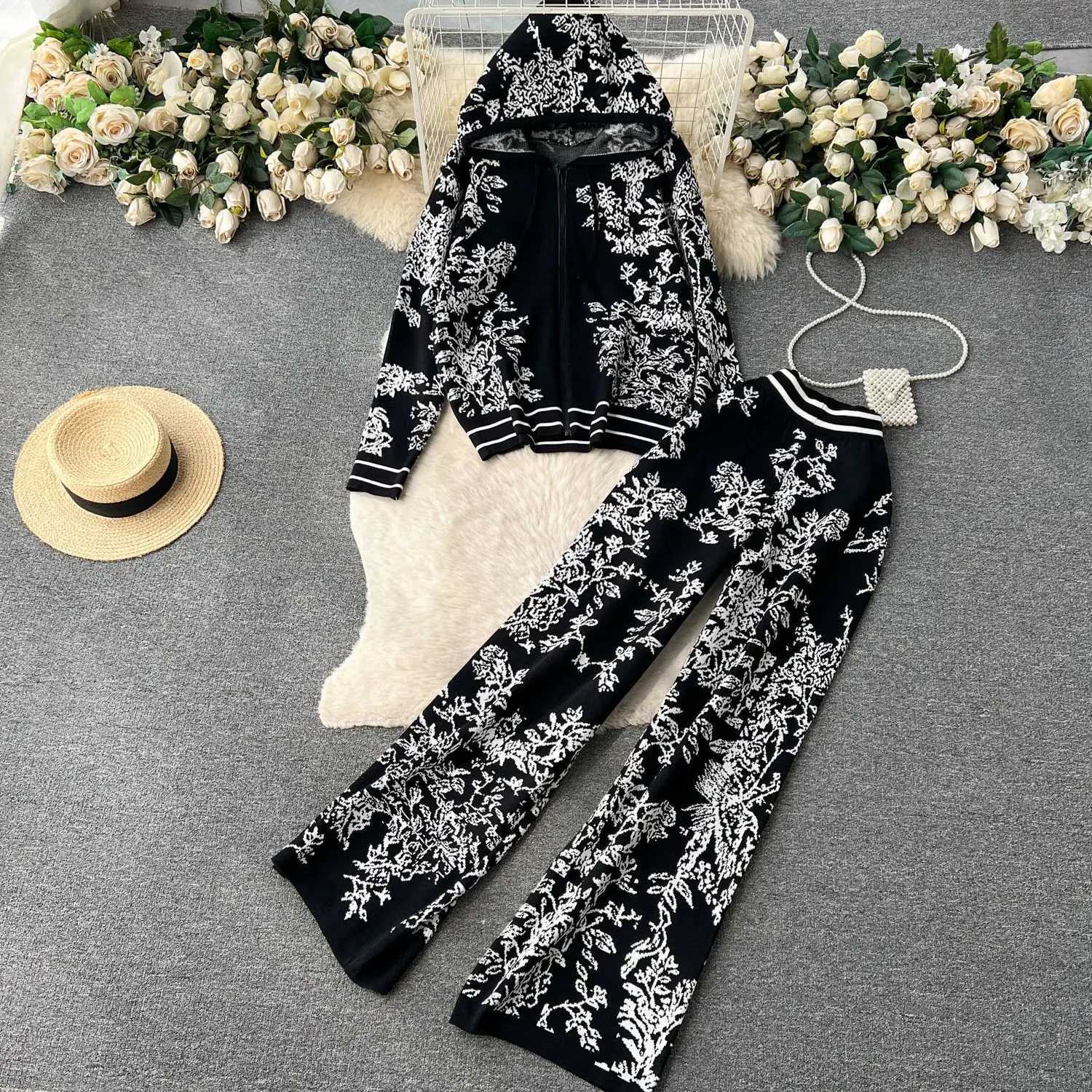 Women Pant Set Two Piece Sets Hooded Full Sleeve Zipper Tops Wide Leg Long Pants High Waist Y2k Streetwear Elegant WorkT251022