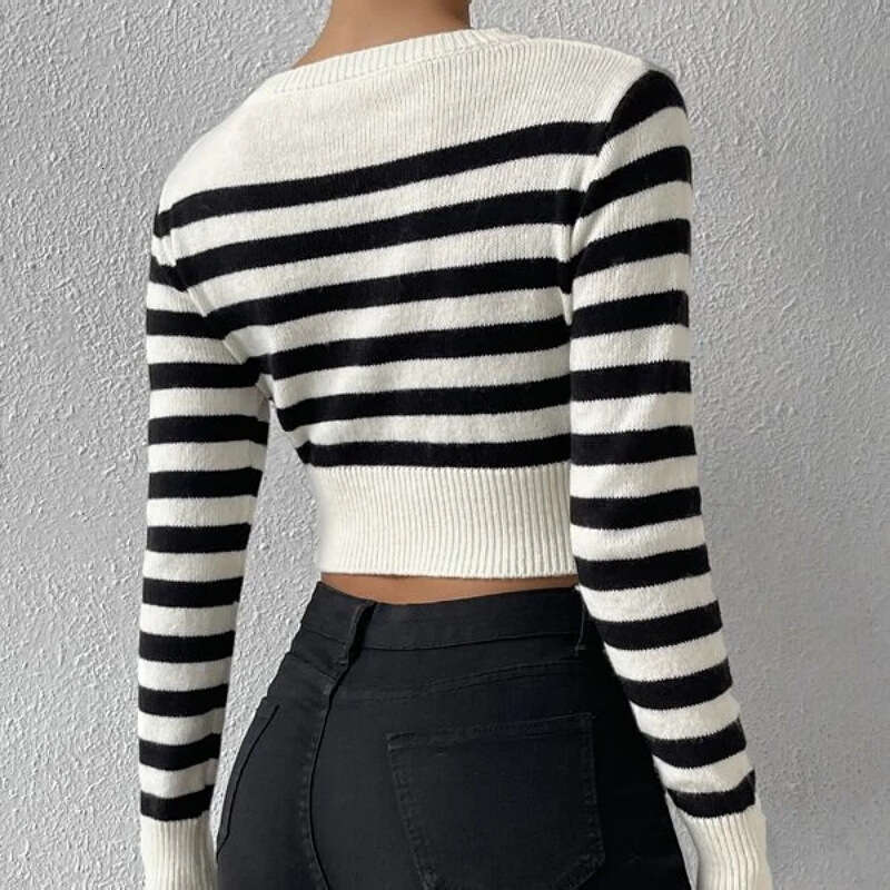 2025 Autumn New Designer Striped Sweater - Women's Sexy Cropped Knitted Top, Versatile for Inner & Outer Wear with Trendy Vibe