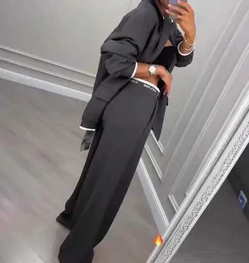 Two Piece Set Women Outfit 2025 Spring Autumn New Grey Commuting Notched Collar Long Sleeve Blazer High Waist Pants SetT251022