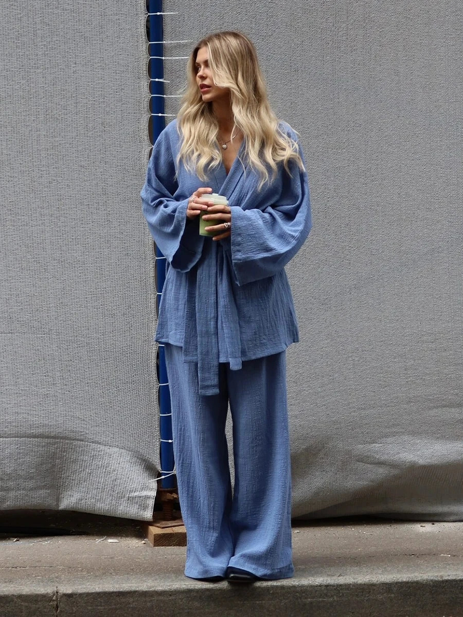 Blubelle 2025 Autumn 100 Cotton Womens Blue Lace Up Long Sleeve Pajama Set Loose Pants 2 Piece Leisure Homewear 251022