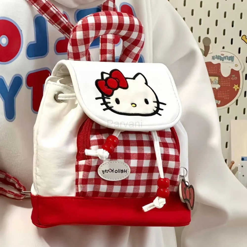 Sanrio Kawaii HelloKitty Girl Commuter Backpack Portable Drawstring Lid Red Checked Kt Cat College Style School Bag Textured Travel Bag L251022
