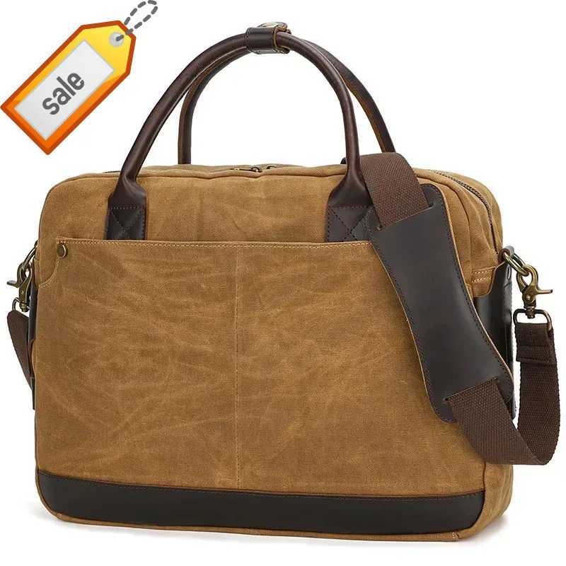 M598 Portable Briefcase Men Canvas with Crazy Horse Leather Retro Shoulder Crossbody Outdoor Travel Messeage Computer Bag W251022