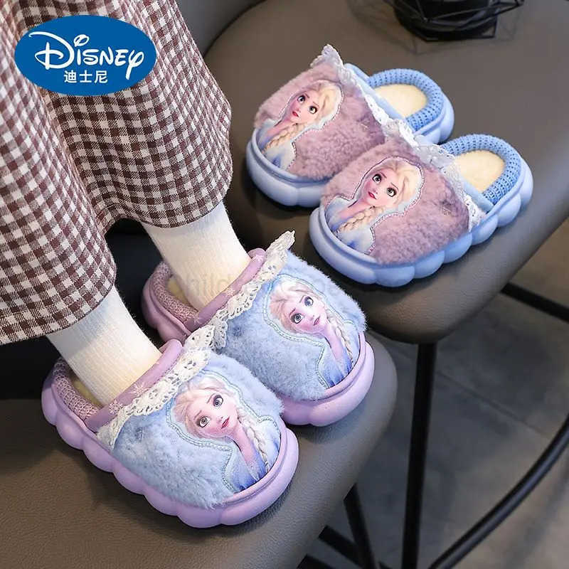 Disney Princess Elsa Frozen Slippers for Girls in Autumn Winter Indoor Warmth Non slip Childrens Plush Cotton Blue Purple Shoes H251022