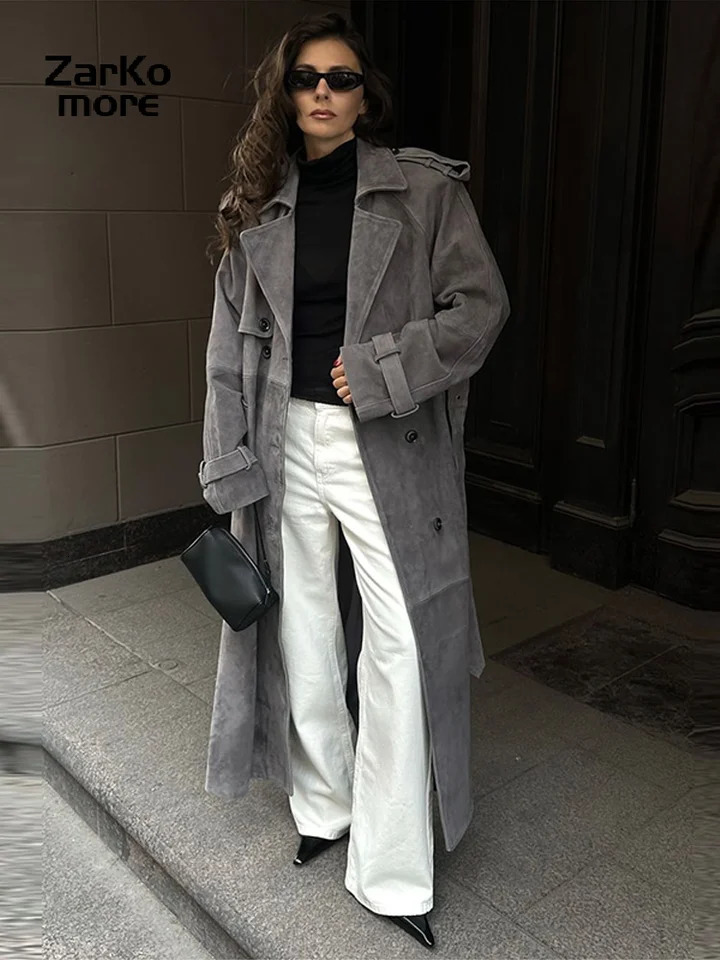 Chic Faux Suede Belt Long Trench Coat Women Lapel Double Breast Full Sleeve Windbreaker Autumn Winter Lady Commute 251021