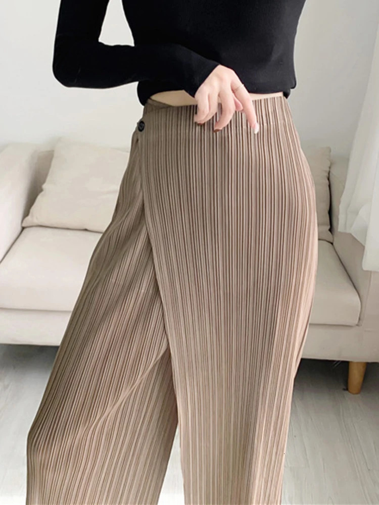 ALSEY Miyake Pleated Wide Leg Anklelength Pants for Women Autumn Simple Elastic Waist Solid Color Straight Female Trsouser 251022