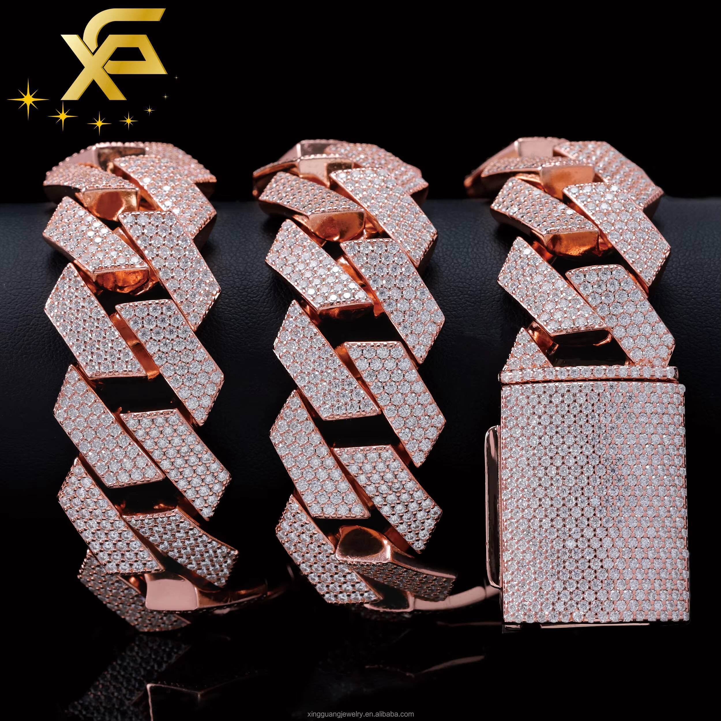 Rose Gold Heavy Weight 24MM 4Rows Pass Diamond Test Moissanite Diamonds 925 Solid Silver Cuban Lidynamic Chain HipHop Jewelry for Men