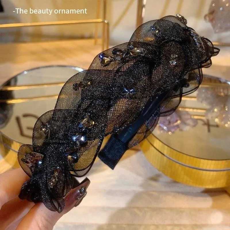 Advanced black gauze hair bands womens accessories for girls rhinestone fried dough twists headband with girl temperament clip V251022
