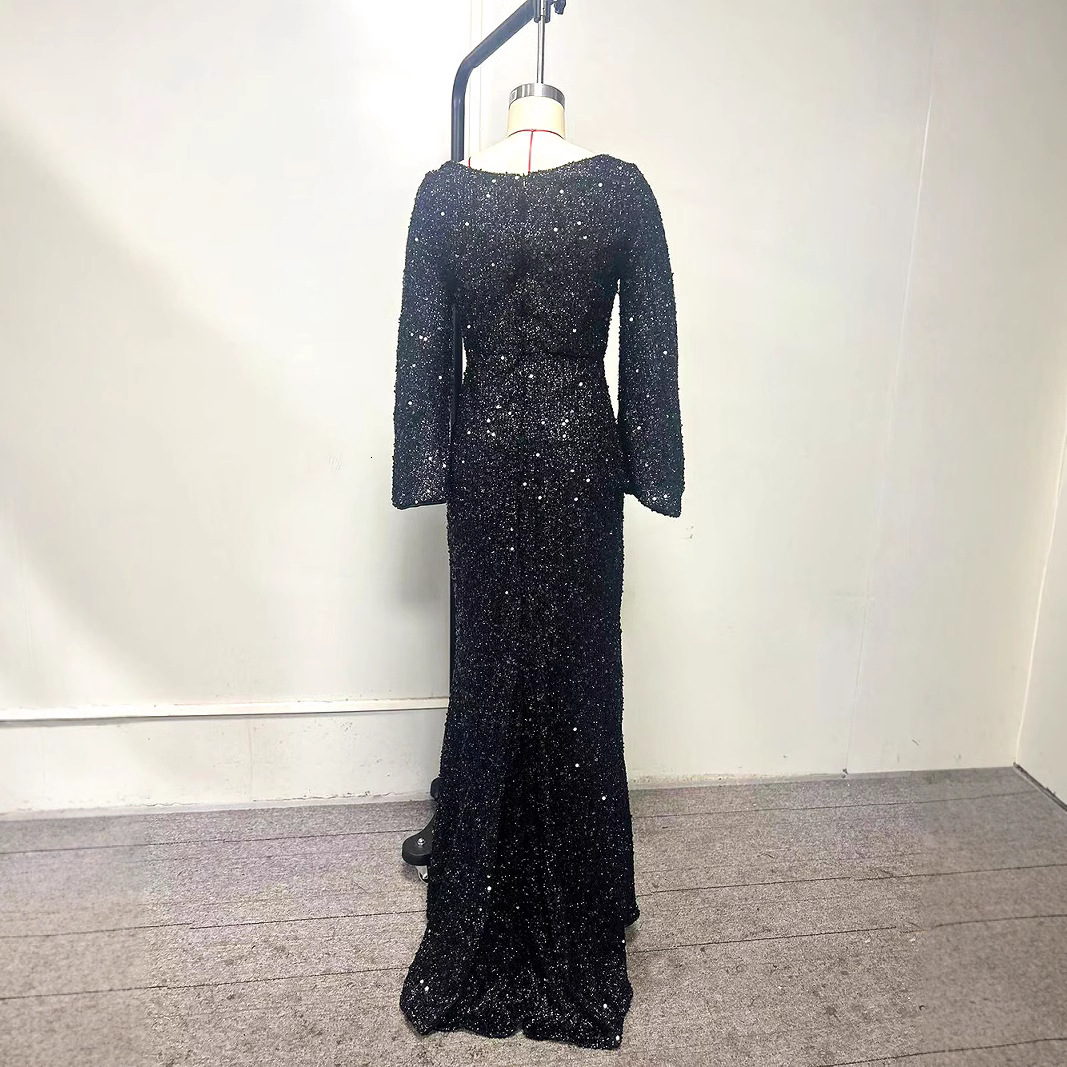 Spring and summer new fashion designer V-neck tight sequin European and American style mid waist flared sleeve length evening gown