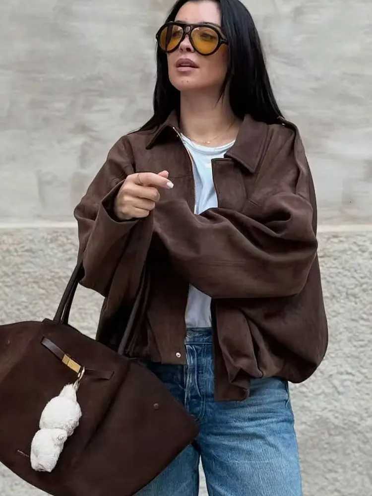 HH New Womens Autumn Causal Loose Suede Texture Jackets Long Sleeves Solid Lapel Zipper Fly Coat Female Street Fashion Coats Y251105