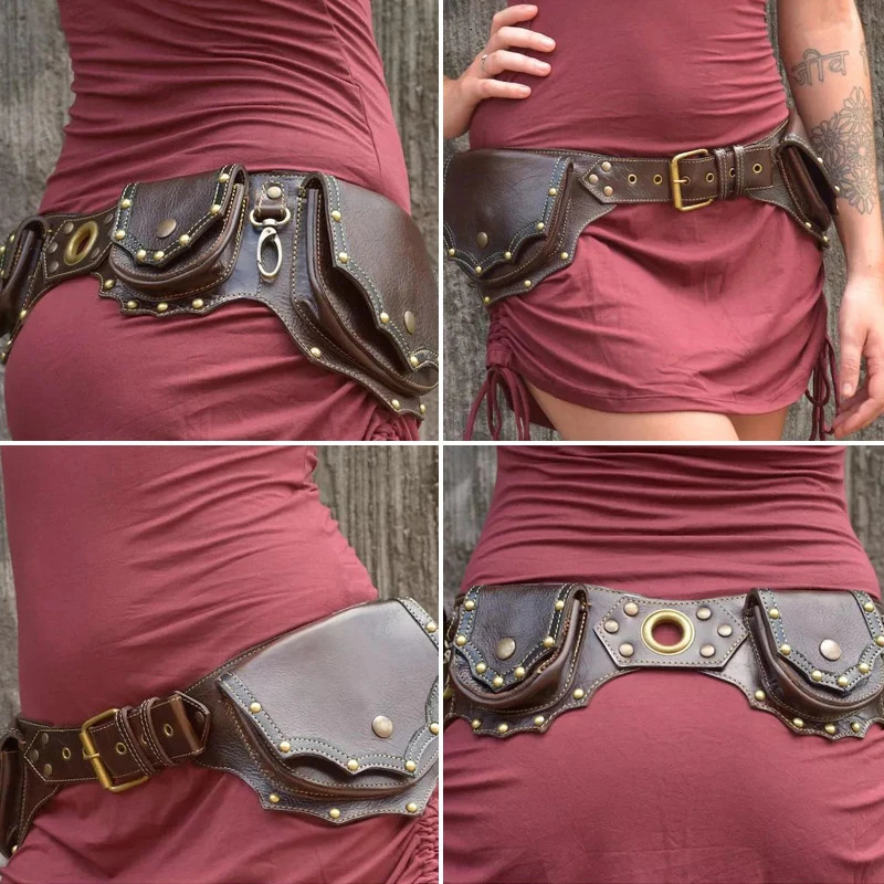 Womens Waist Bag Medieval Steampunk Pu Leather Belt Retro Cosplay Costume Props Rivet Mountain Climbing Outdoor Sports 251014
