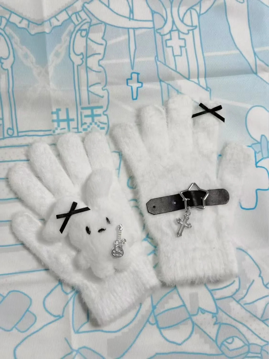 Y2K Star Rabbit Cross Gloves Cute Bunny Sweet Knitted Winter Warm Thickened Kawaii Cycling Fullfinger Glove Women JK Accessories 251021