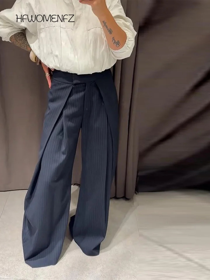 Casual Striped Loose Pants Women High Waist Pleated Straight Long Wide Leg Trousers Female 2025 Fashion Autumn Lady Bottoms 251022