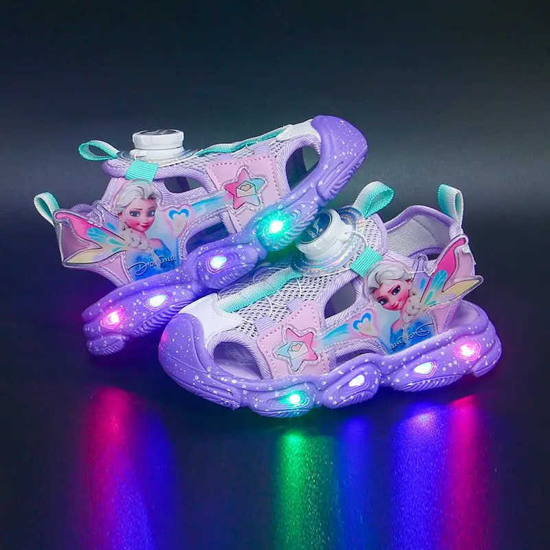 Disney LED Sport Sandals Summer Cartoon Princess Elsa Sandals For Girls Casual Beach Shoe Soft Sole Nonslip Kids Shoes Size 22 H251022