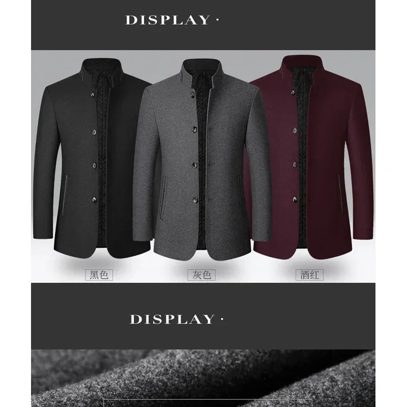 BROWON Winter Coat Men Chinese Style Stand Collar Solid Coats for 2025 Autumn and Business Casual Woolen Jacket 251017