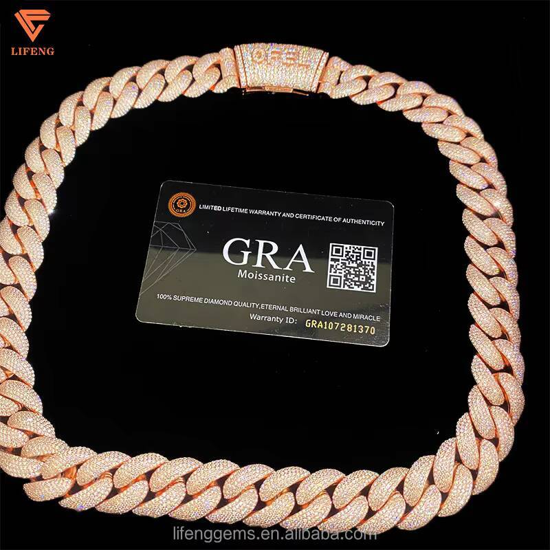 18MM Rose Gold Moissanite Diamond Iced Out Cuban Necklace 925 Sterling Silver VVS Moissanite Hip Hop Miami Cuban Link Chain