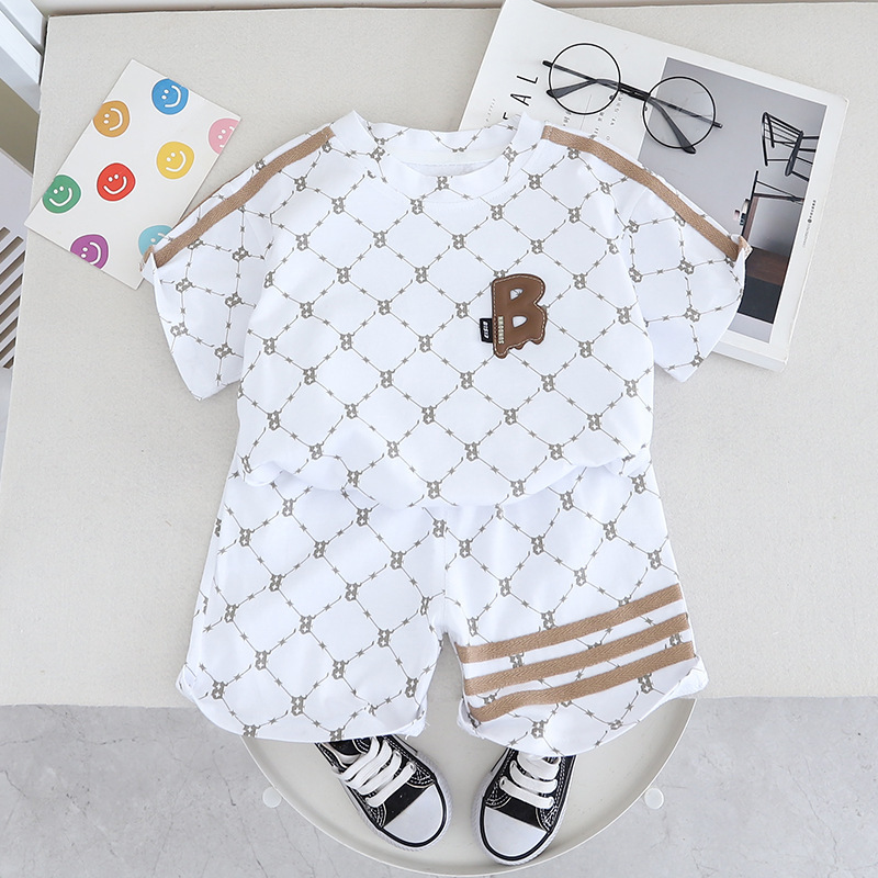Free Shipping luxury kids clothing 2024 Kids Summer Set - 2-Piece Color Block T-Shirt Outfit, Letter Print Playwear for Boys & Girls
