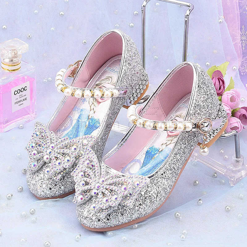 Disney Princess Kids Leather Shoes for Girls Flower Casual Glitter Children High Heel Girls Shoes Butterfly Knot Blue Pink Silver H251022