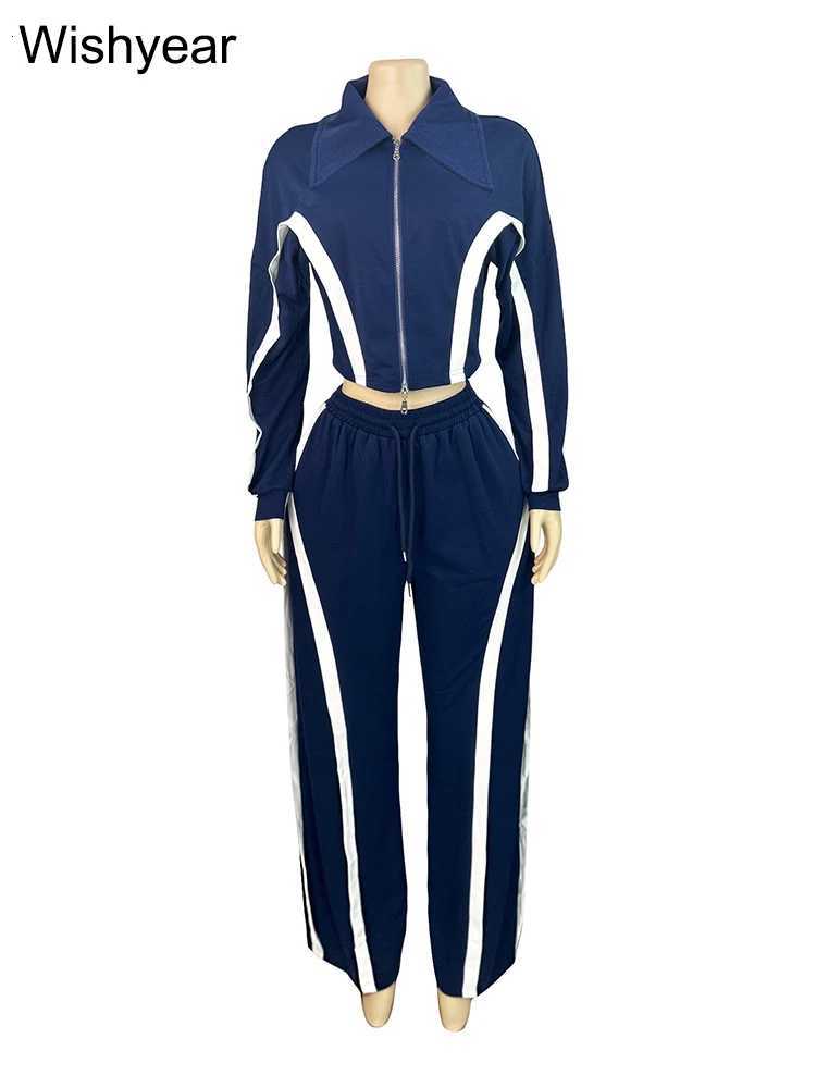 Womens Casual Stripe Patchwork 2Piece Set Lapel Long Sleeve Zipper Crop Jacket with Wide Leg Pants Suits Autumn 2PC TracksuitT251022