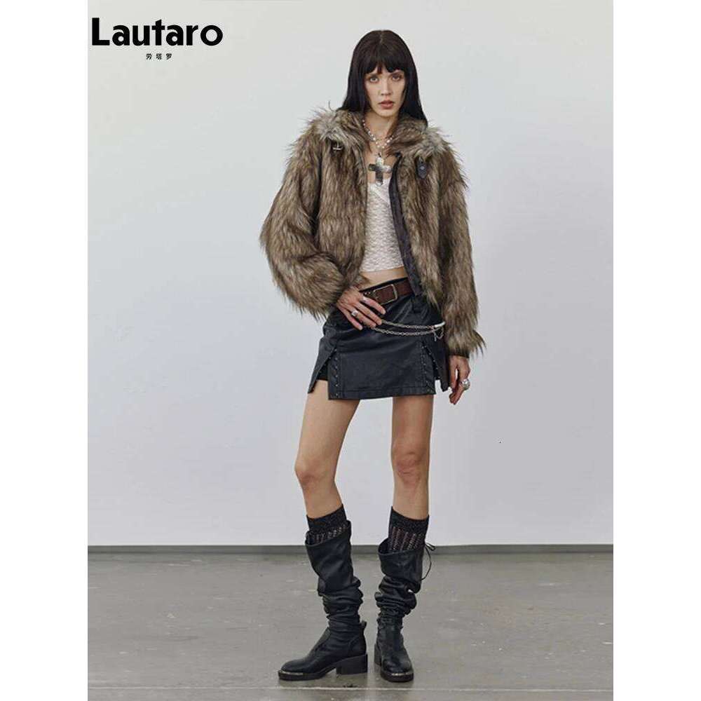 Lautaro Autumn Winter Short Warm Thick Hairy Shaggy Patchwork Faux Raccoon Dog Fur Coat Women Zipper Fluffy Jacket 2024