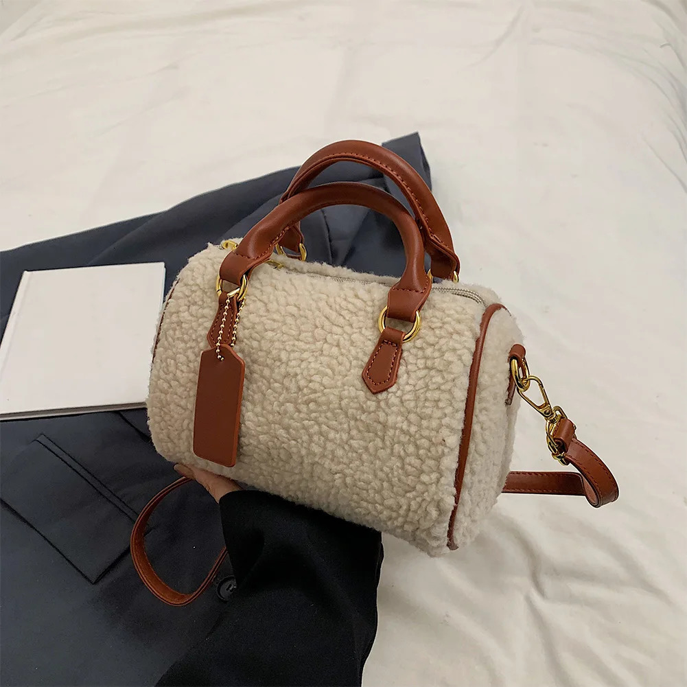 Fluffy Tote Purse For Womens Autumn Winter Plush Cylindrical Small Shoulder Bag Furry Zipper Crossbody Ladies Fuzzy Handbag 251018