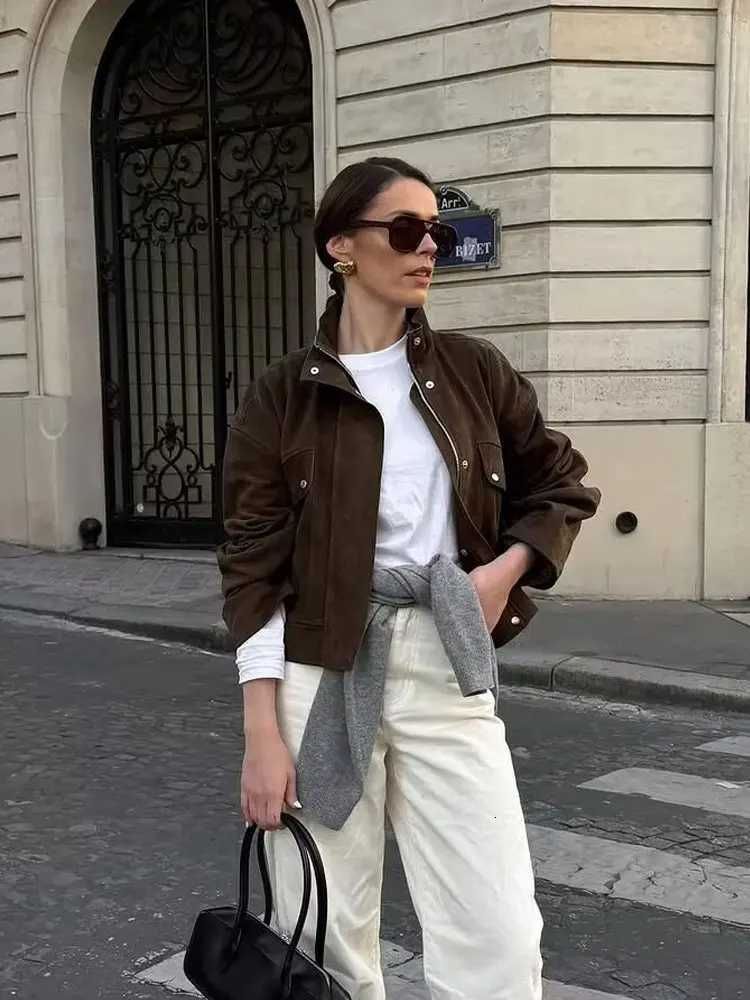 HH 2025 Street Fashion Suede Coat Long Sleeve Zipper Solid Turtleneck With Pockets Bomber Jacket Female Autumn Casual Outwears1 Y251105