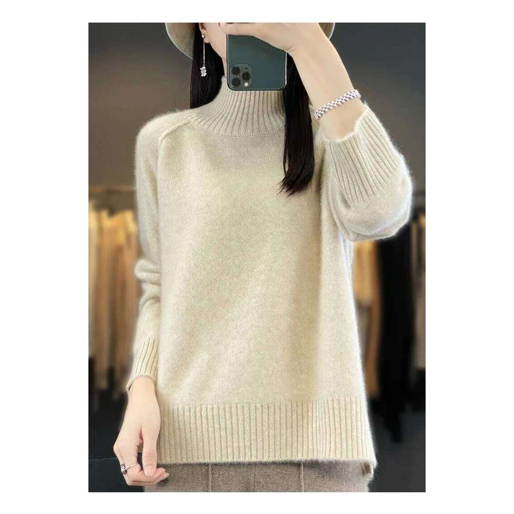 Women's High-Necked Cashmere 100% Soft Wool Thickened Lazy Raglan Sweater With Slit For Autumn Winter Comfortable Waxy W 251022