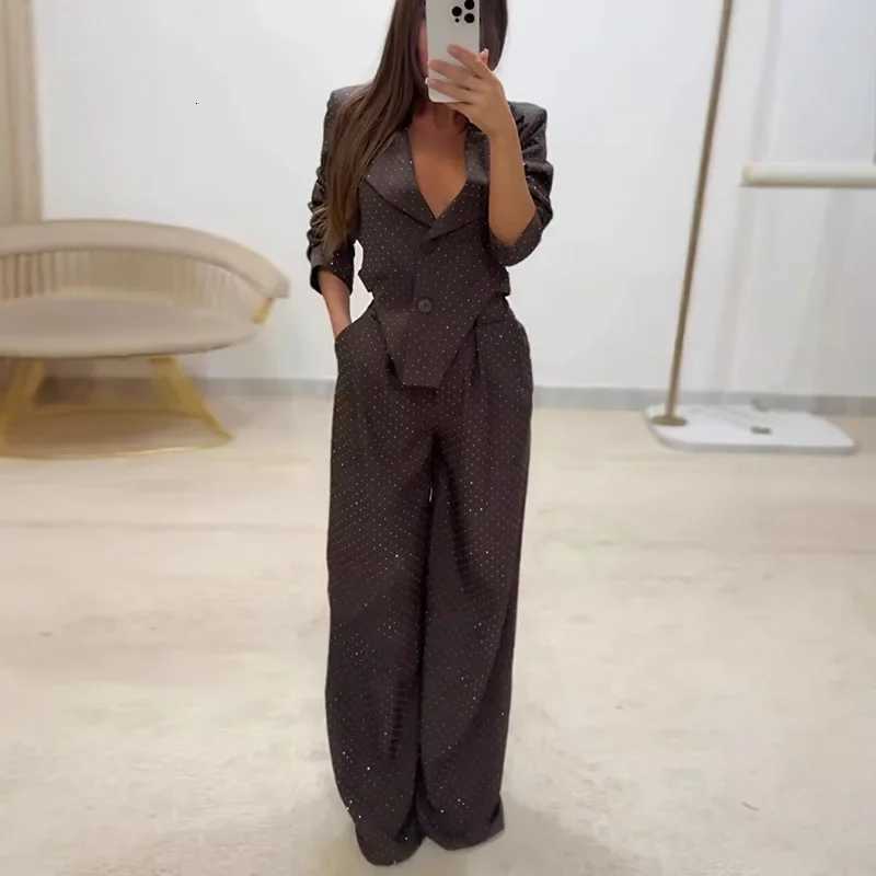 New Diamonds Shiny Womens Suit Elegant Turndown Collar Button Irregular JacketHigh Waist Pants Sets Long Sleeve Autumn OutfitT251022