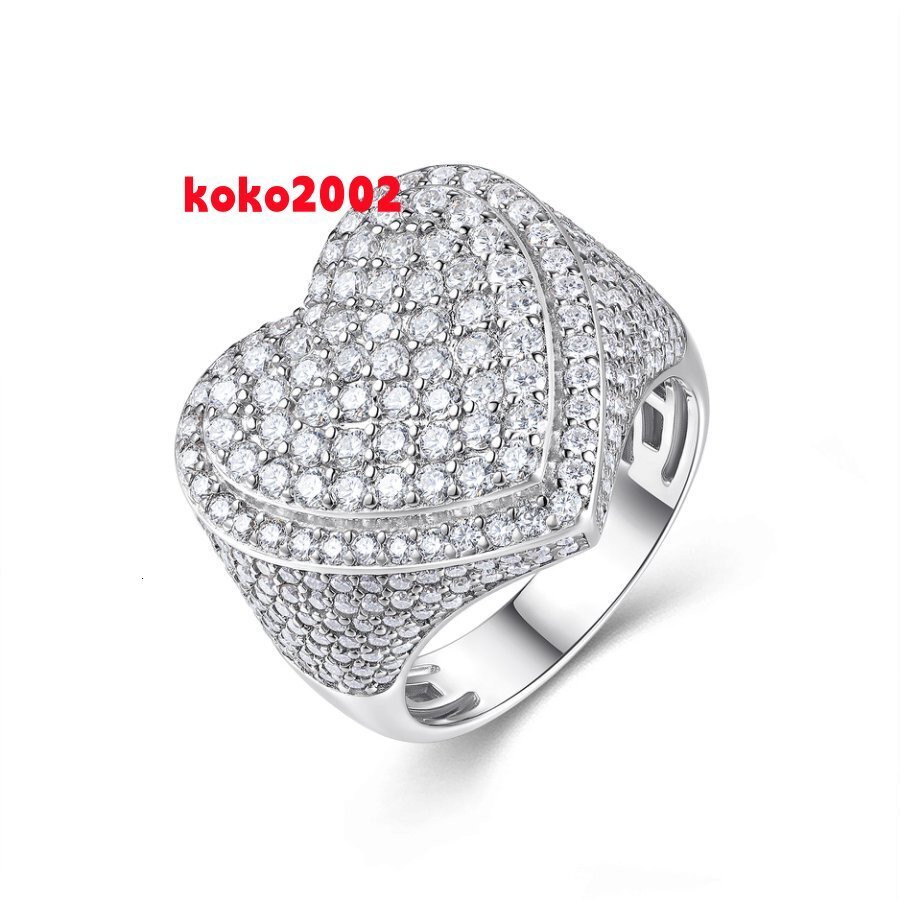 Mens Womens Full Iced out Heart Moissanite Ring 925 Silver Platinum Plated Hip Hop Statement Jewelry Accessories