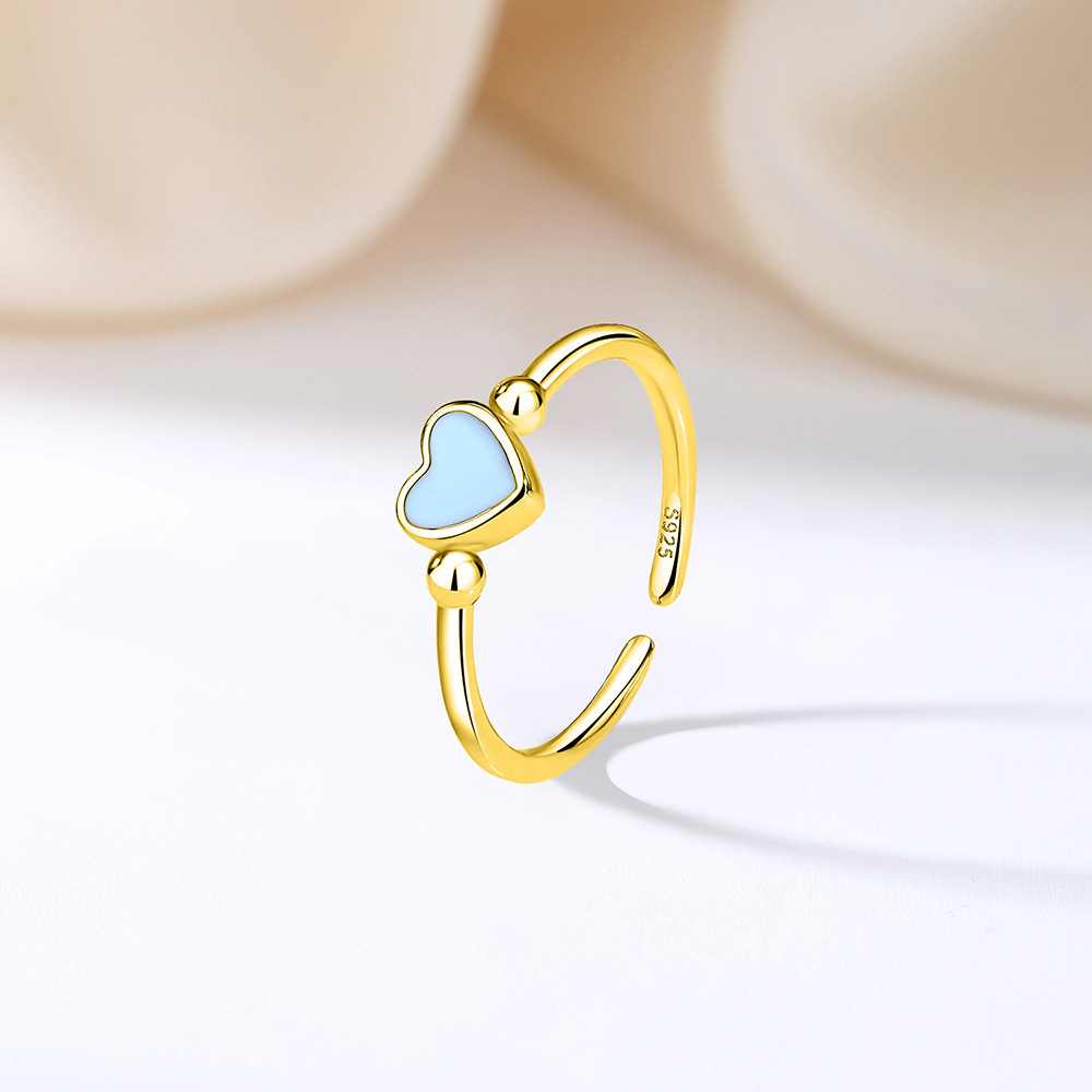 TaiYang New S925 Sterling Silver Minimalist Blue Glow Heart Ring, Adjustable Stacking Blue Ring Gift for Women